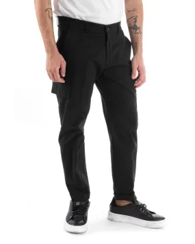 Pantaloni Uomo Cargo Cotone Tasconi Basic Tinta Unita Nero Casual GIOSAL-P5566A