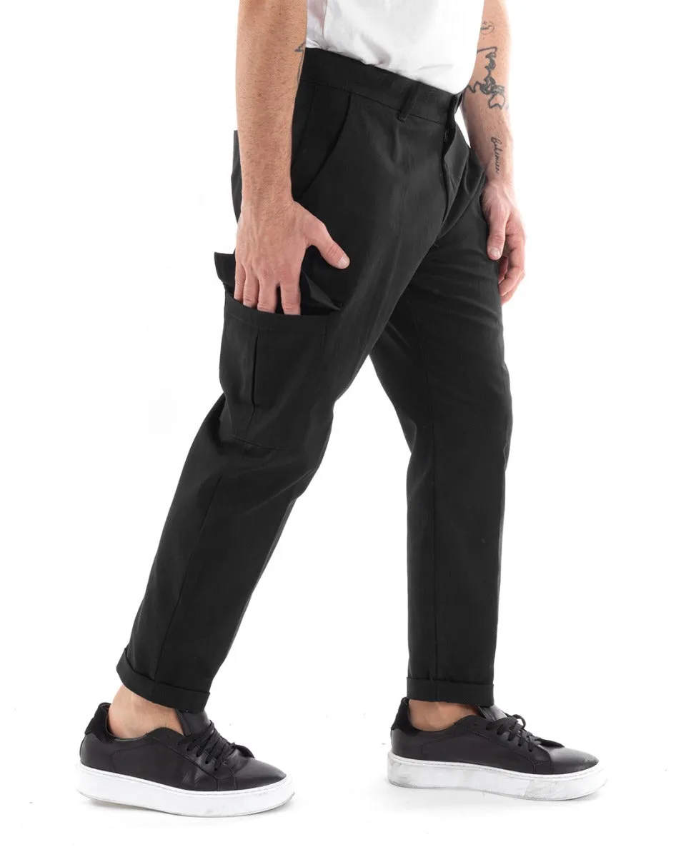 Pantaloni Uomo Cargo Cotone Tasconi Basic Tinta Unita Nero Casual GIOSAL-P5566A