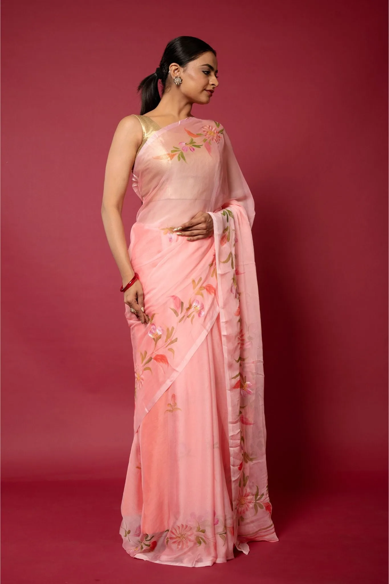 Peach Handpainted Chiffon Saree