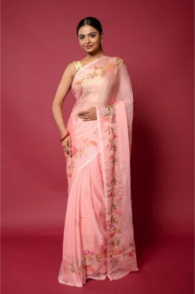 Peach Handpainted Chiffon Saree