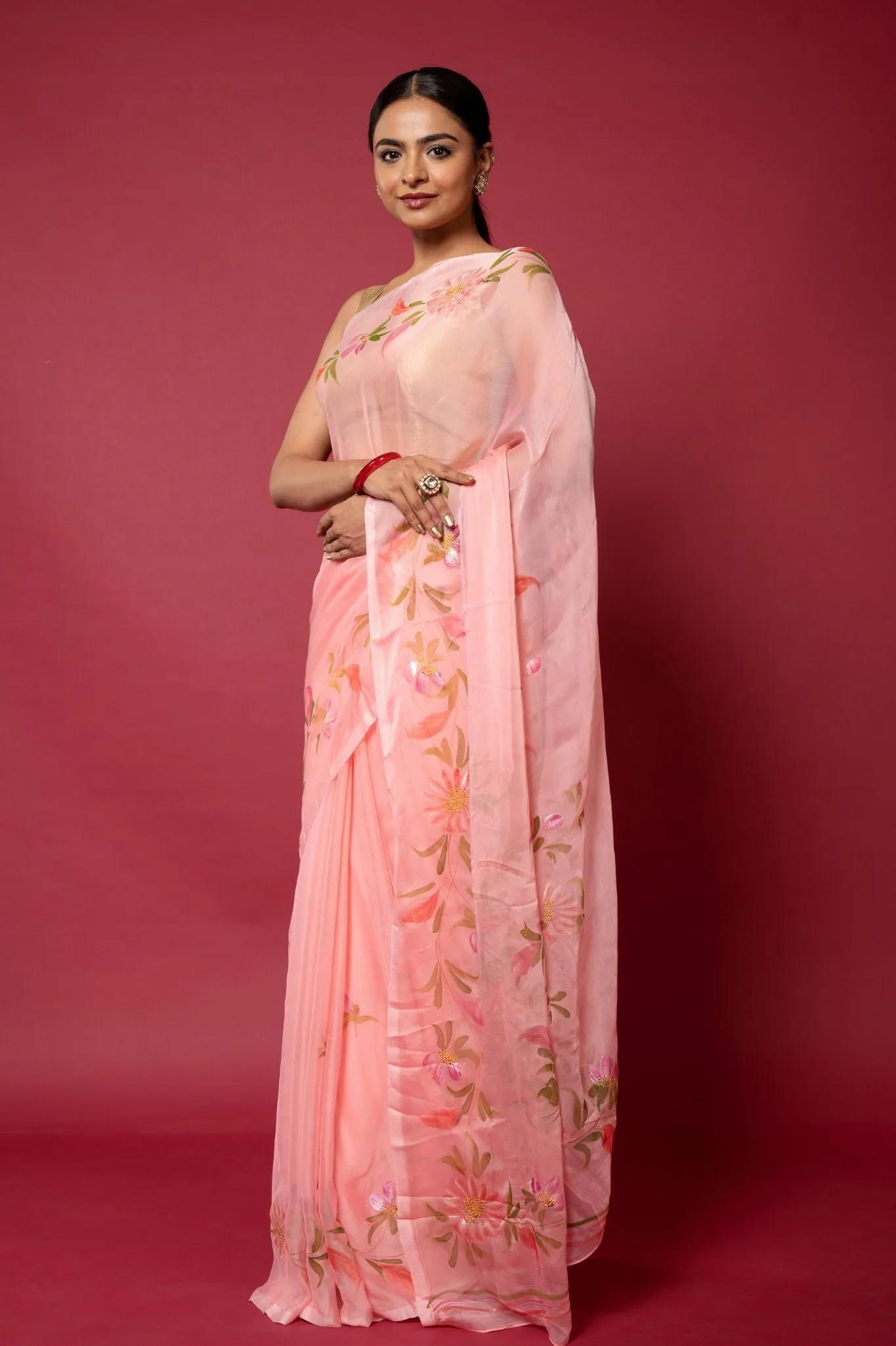 Peach Handpainted Chiffon Saree