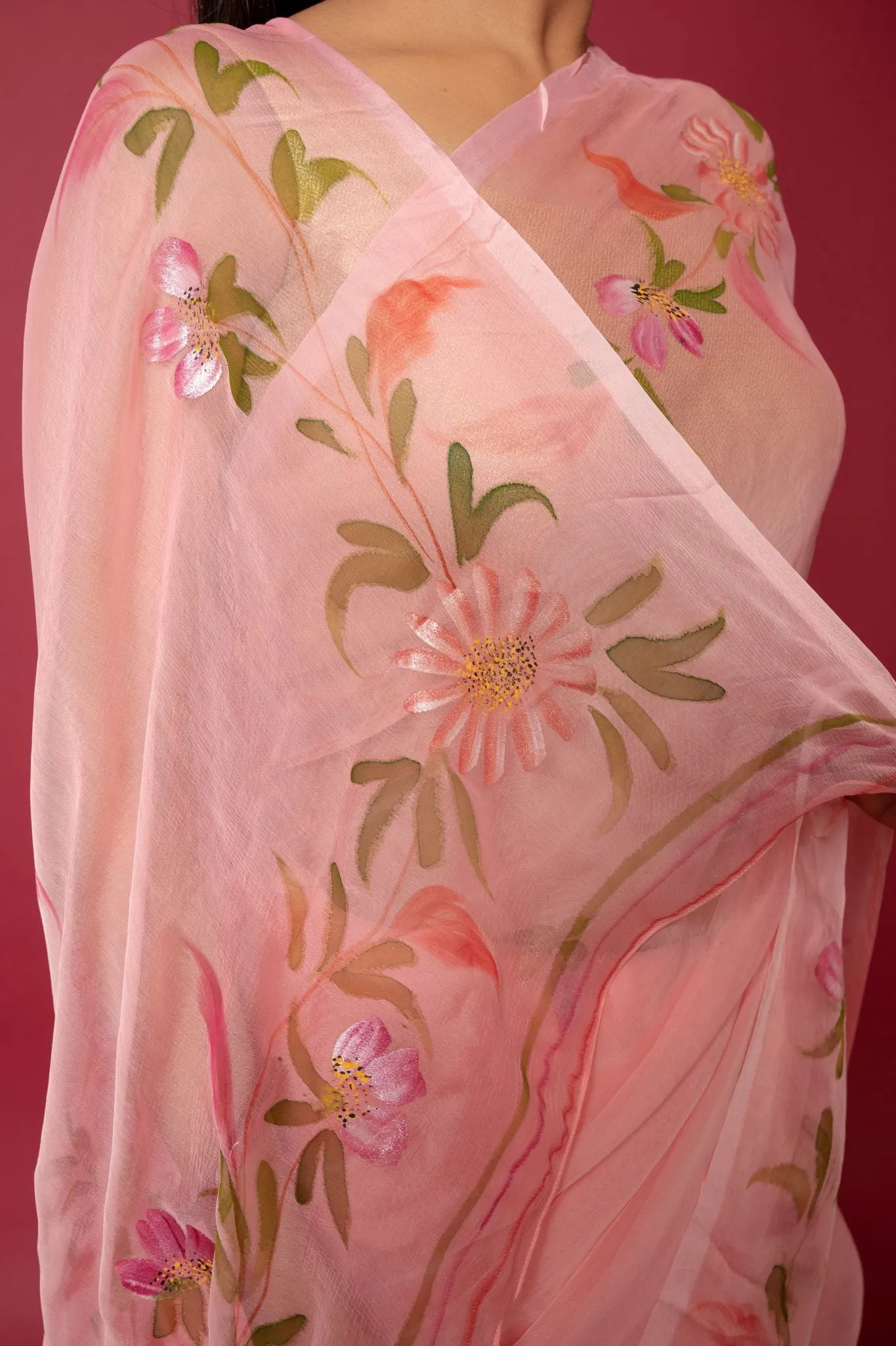 Peach Handpainted Chiffon Saree