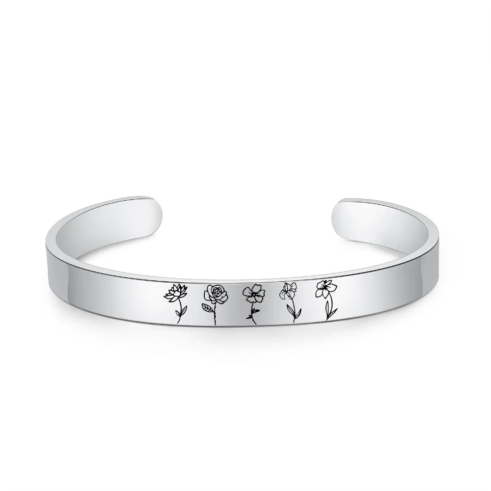 Personalized Engraved 5 Birth Flower Cuff Bracelet