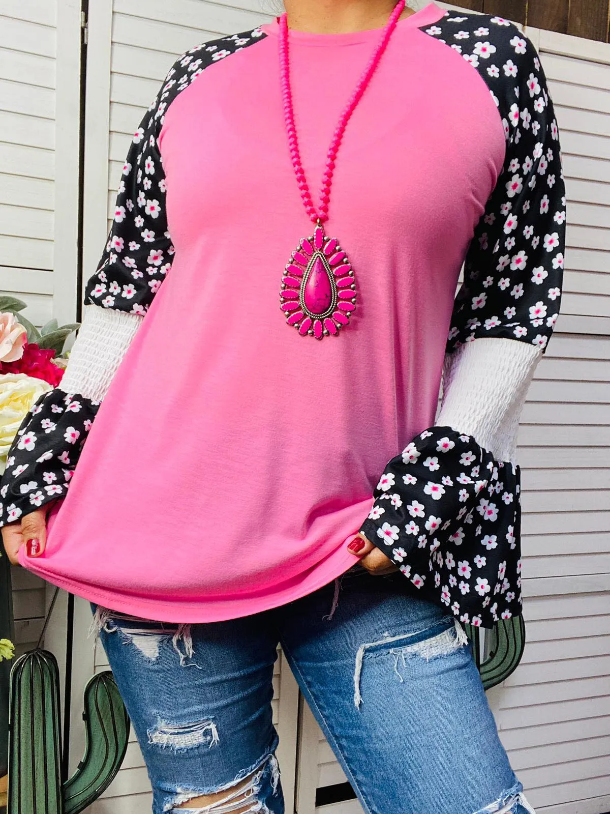 Pink Top with Flower bell sleeves