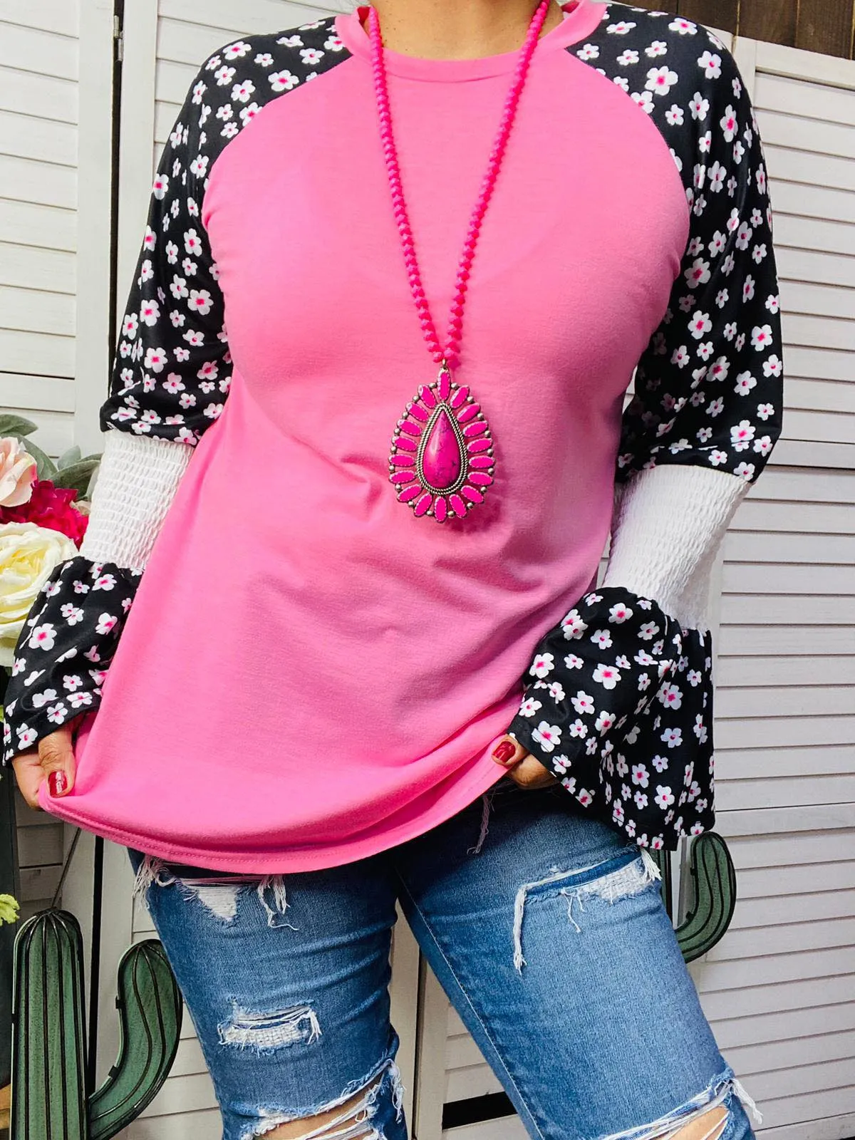 Pink Top with Flower bell sleeves