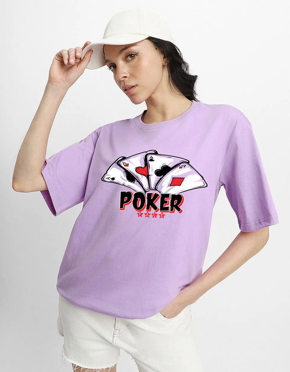 POKER Women Lilac Oversized Graphic Printed Tshirt