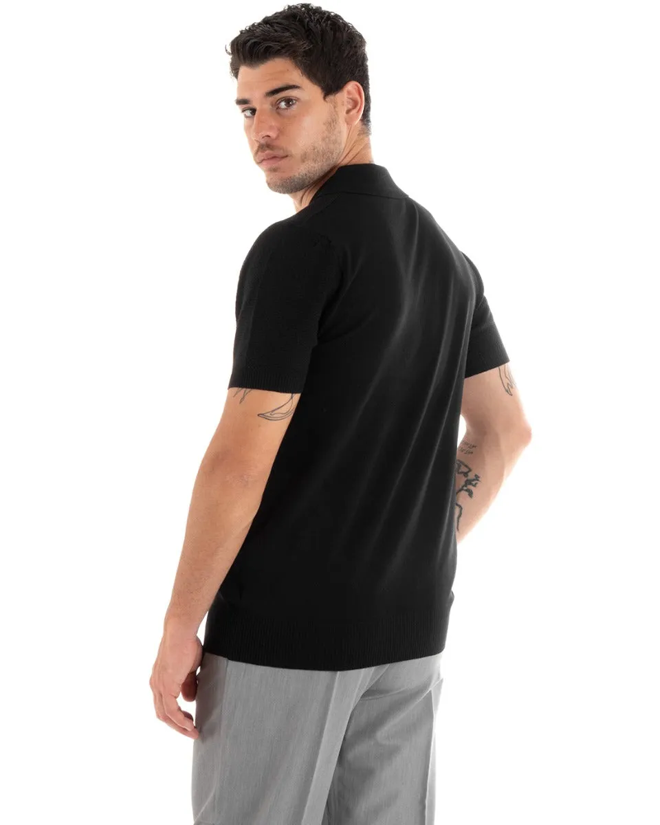 Polo Uomo T-Shirt Manica Corta Tinta Unita Scollo Bottoni Ricamata Casual Nero GIOSAL-TS2970A