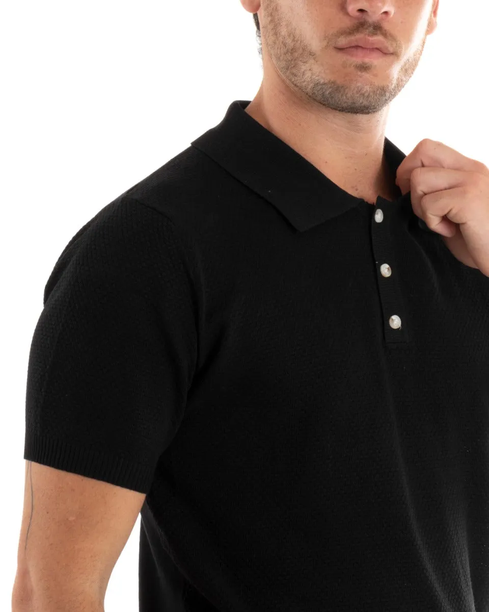 Polo Uomo T-Shirt Manica Corta Tinta Unita Scollo Bottoni Ricamata Casual Nero GIOSAL-TS2970A