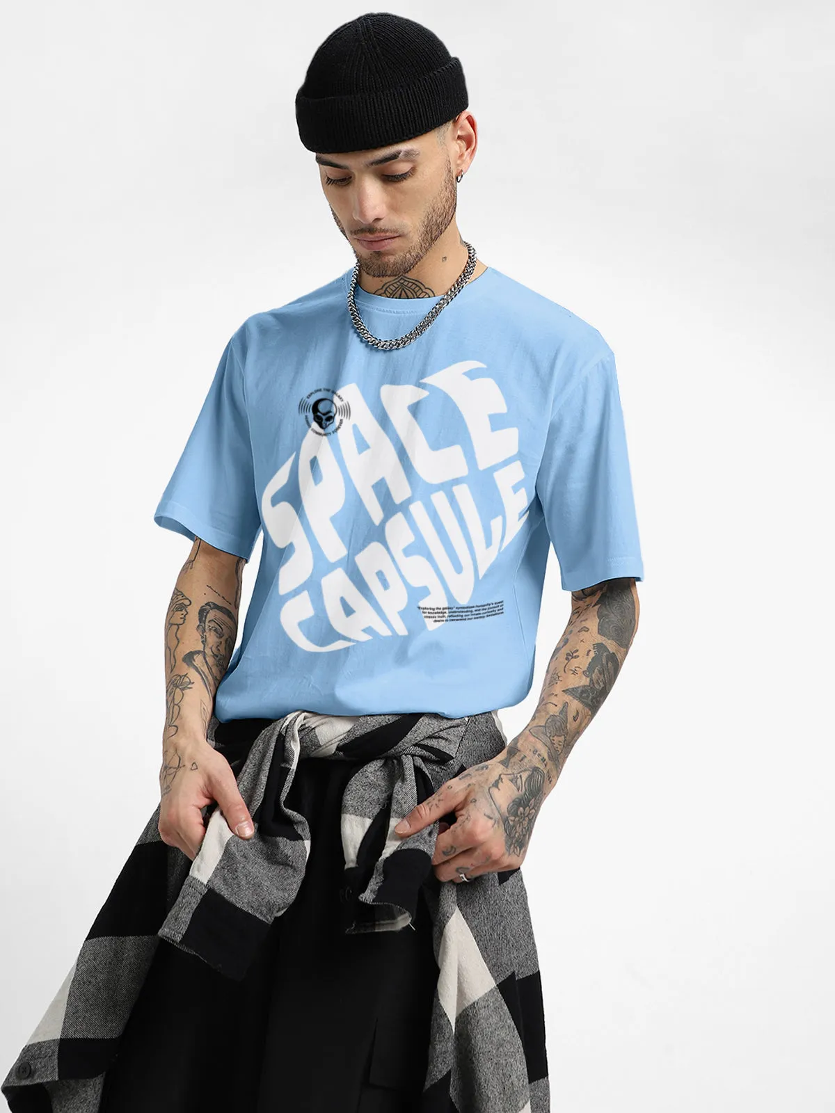 SPACE CAPSULE Blue Oversized Front Graphic Printed Tshirt