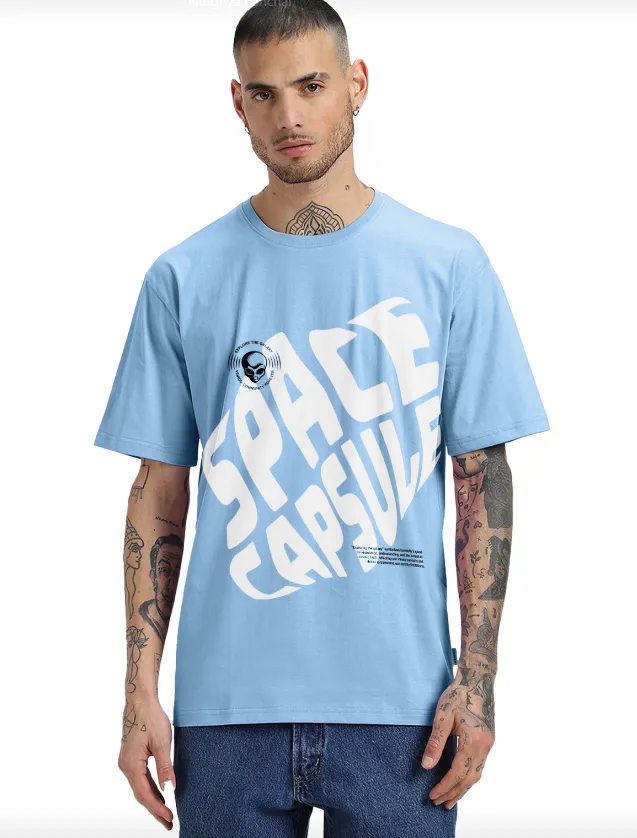 SPACE CAPSULE Blue Oversized Front Graphic Printed Tshirt