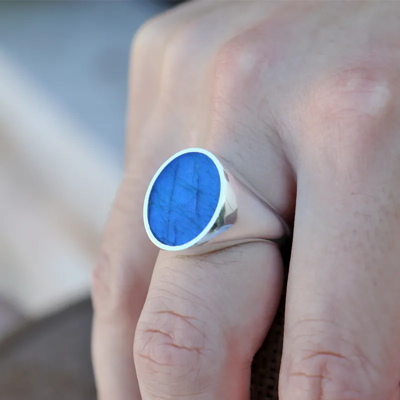 Unisex Labradorite Oval Silver Ring