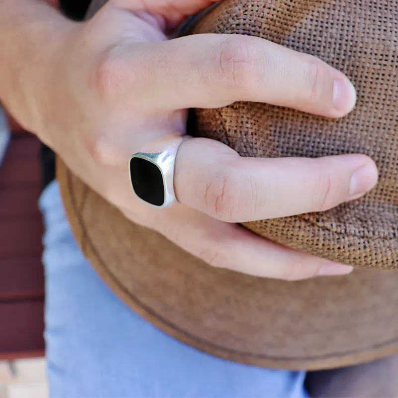 Unisex Onyx Square Silver Ring