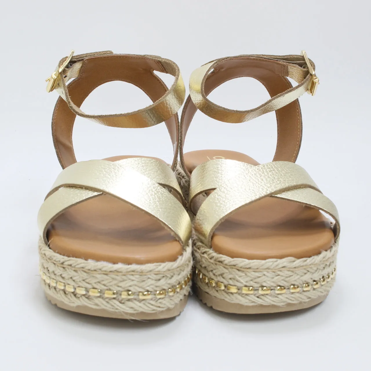 Womens Office Sassy Cross Strap Espadrille Flatform Gold Leather