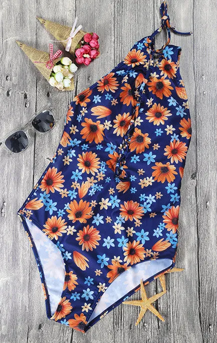 Yellow Flower Printed One Piece Swimsuit